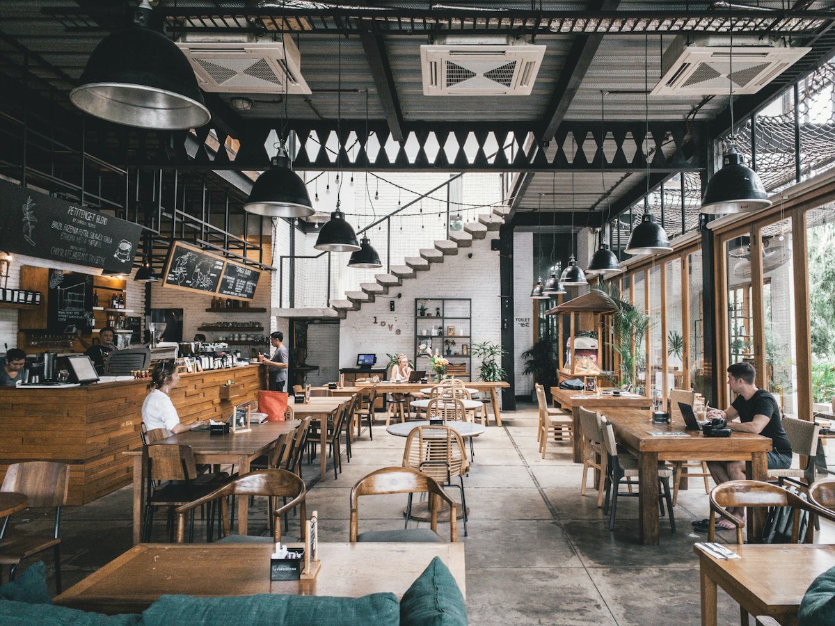 A rustic café with wooden tables